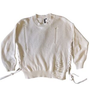 Poof! Cream Destroyed Sweater Size‎ Medium Lacing on sides